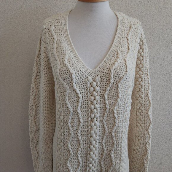 Homemade Chunky Cable Open Knit Cream V Neck Pullover Sweater Tunic Womens S - Picture 3 of 10